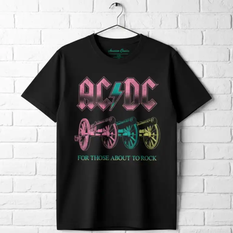 AC/DC Rainbow Cannons T-Shirt with colorful cannon graphic and band logo.