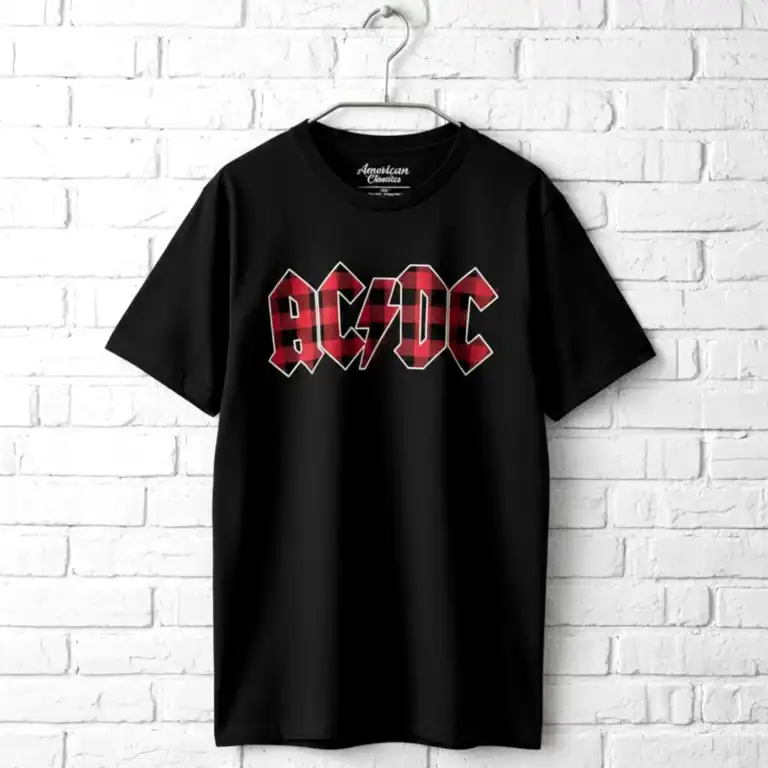 ACDC logo T-shirt with red plaid design for men, casual rock band apparel.