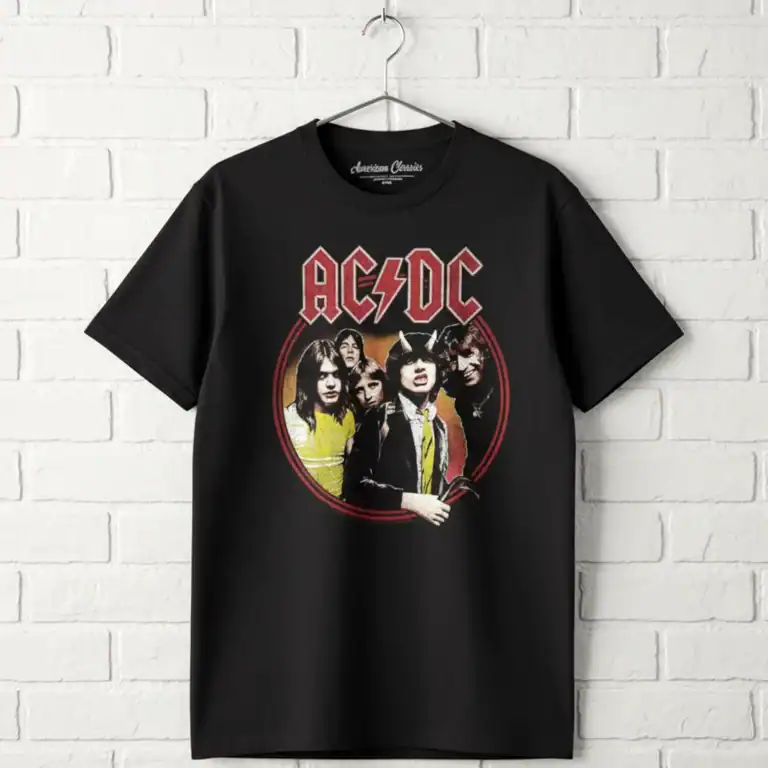 AC/DC Highway to Hell men's band T-shirt with classic logo and band members. Perfect for rock music.