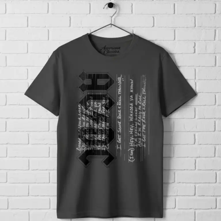 ACDC Thunder Lyrics T-shirt for men, rock and roll music fan apparel.