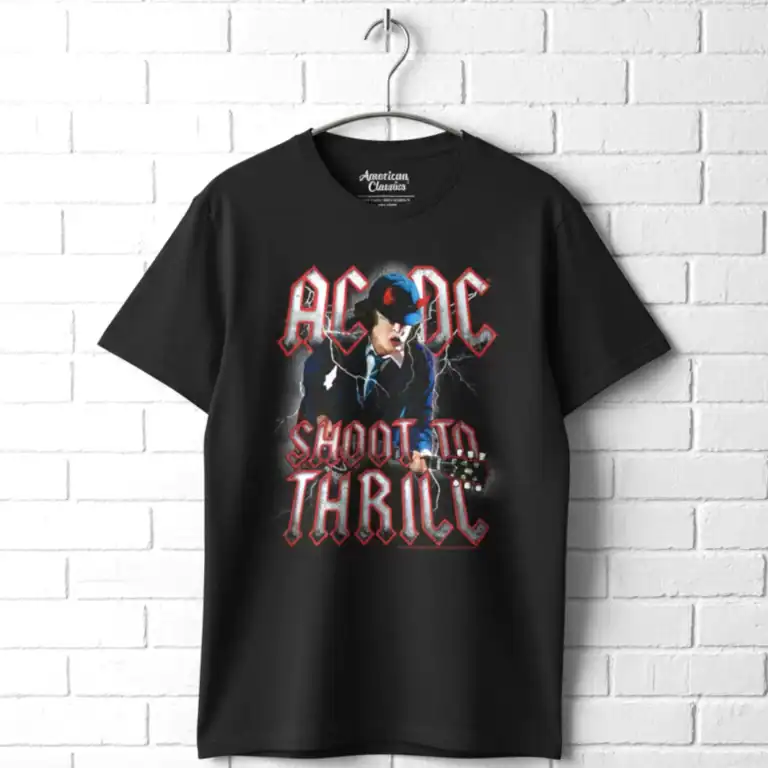 AC/DC Shoot to Thrill men's graphic T-shirt with Angus shredding guitar design. Perfect for rock fan.