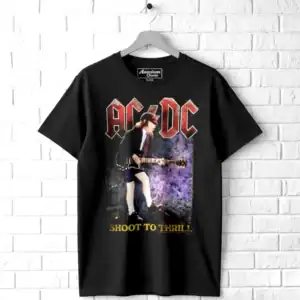 Black AC/DC band T-shirt with guitarist graphic and "Shoot To Thrill" text.