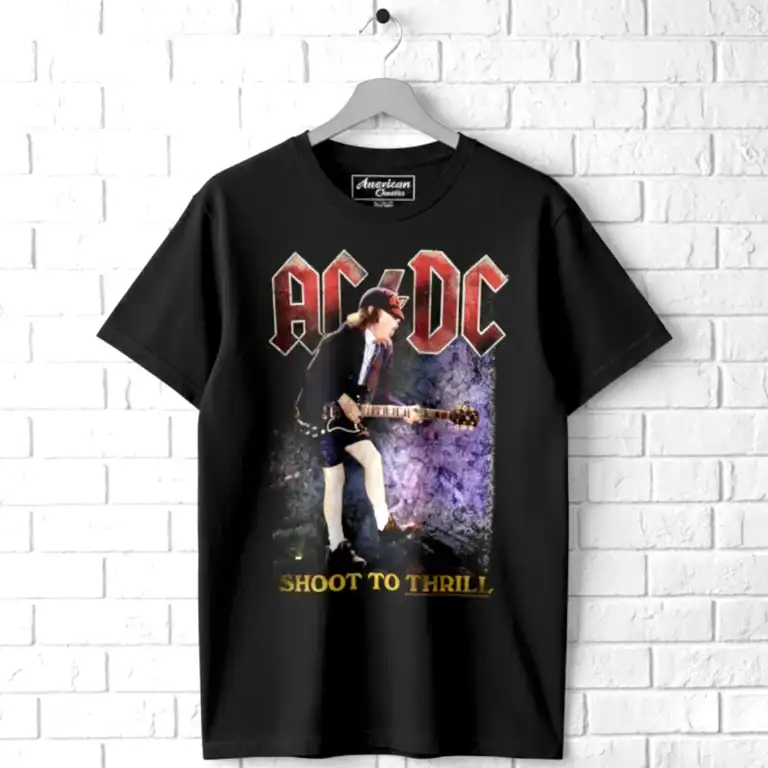 Black AC/DC band T-shirt with guitarist graphic and "Shoot To Thrill" text.