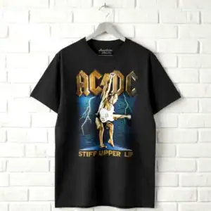 AC/DC Back in Black men's T shirt with lightning and guitar design, black color, size 4XLT.