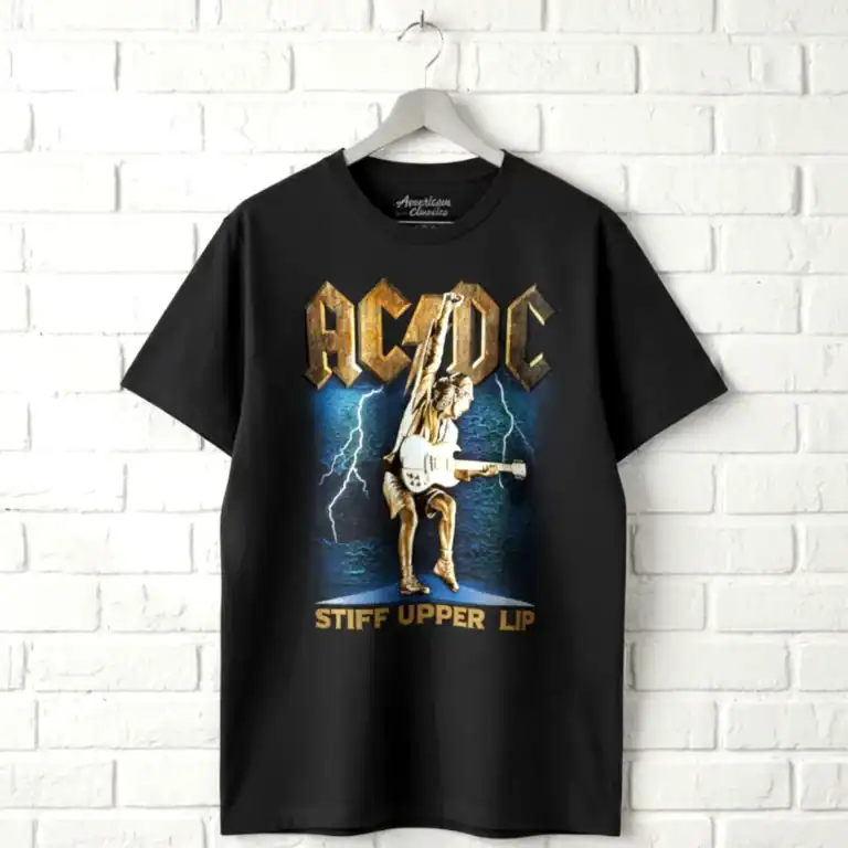 AC/DC Back in Black men's T shirt with lightning and guitar design, black color, size 4XLT.