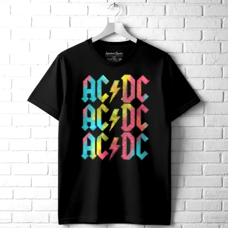 Black AC/DC rainbow graphic T-shirt with lightning bolt design for men.