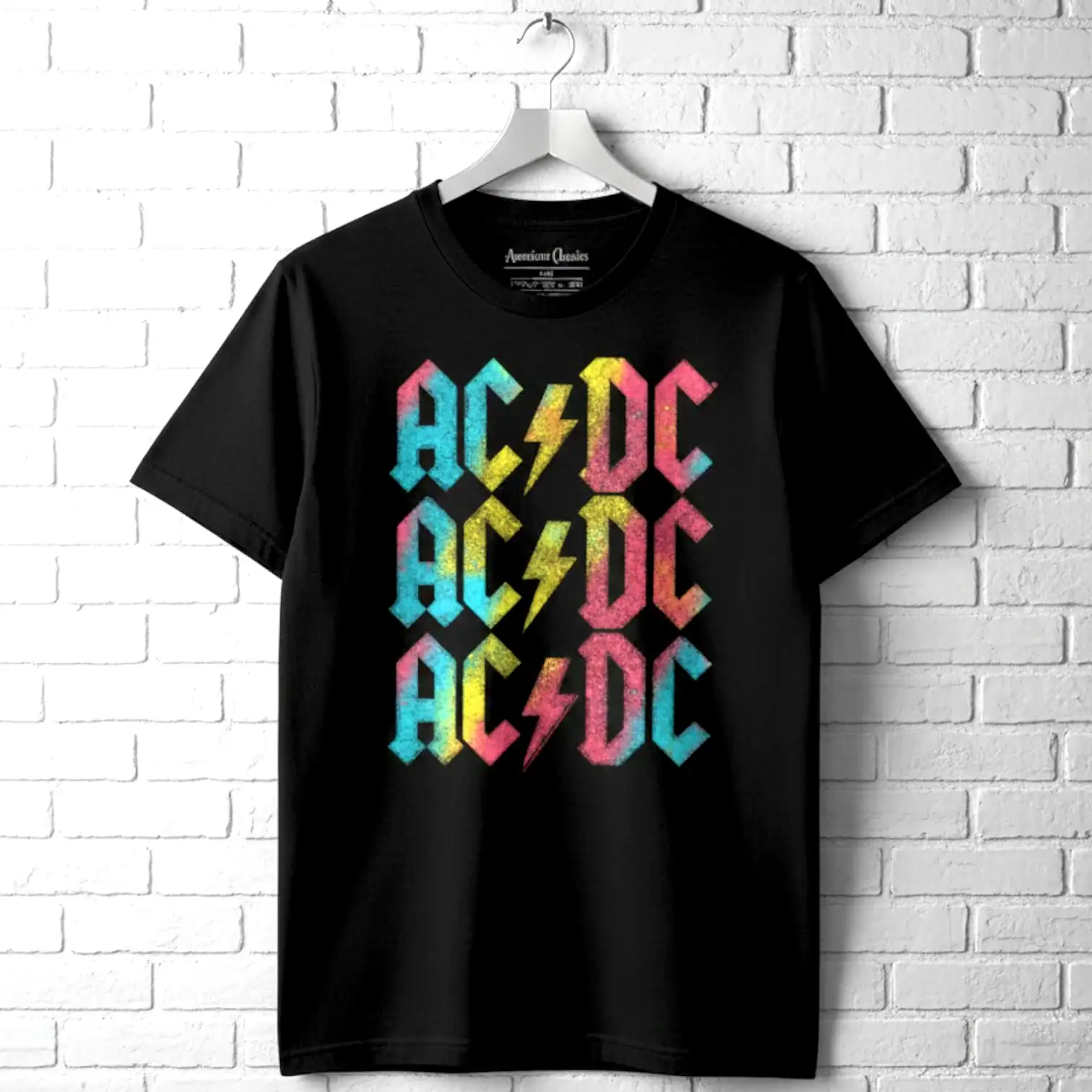 Black AC/DC rainbow graphic T-shirt with lightning bolt design for men.