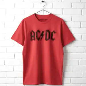Red AC/DC band logo T-shirt for men, rock music fan apparel.