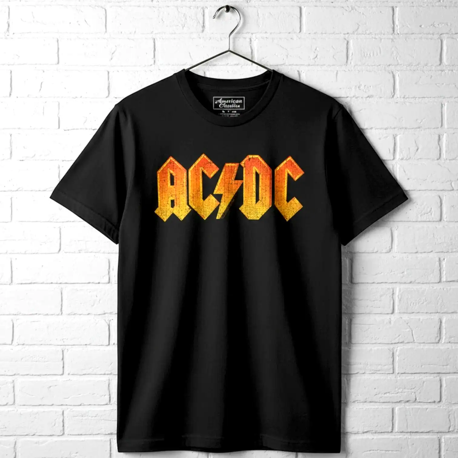AC/DC vintage orange logo T-shirt for men, perfect for rock music fans and concert wear. Classic ban.