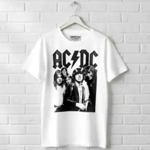 AC/DC band logo men's T shirt with classic rock design.