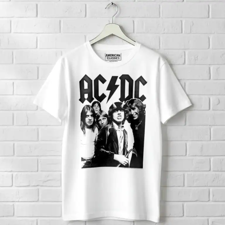 AC/DC band logo men's T shirt with classic rock design.