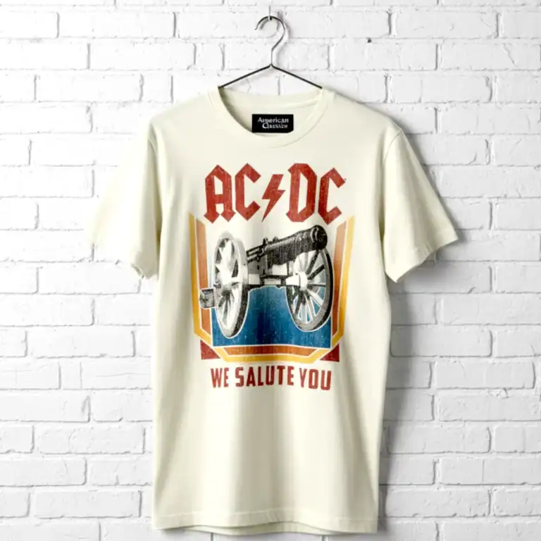 AC/DC We Salute You men's T shirt with vintage band graphic and slogan. Perfect for rock music fans.