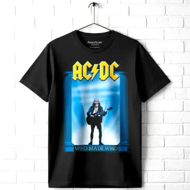 AC/DC Who Made Who men's T-shirt with band logo and graphic design.