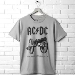 Gray AC/DC "For Those About to Rock" band T-shirt with cannon graphic for men.