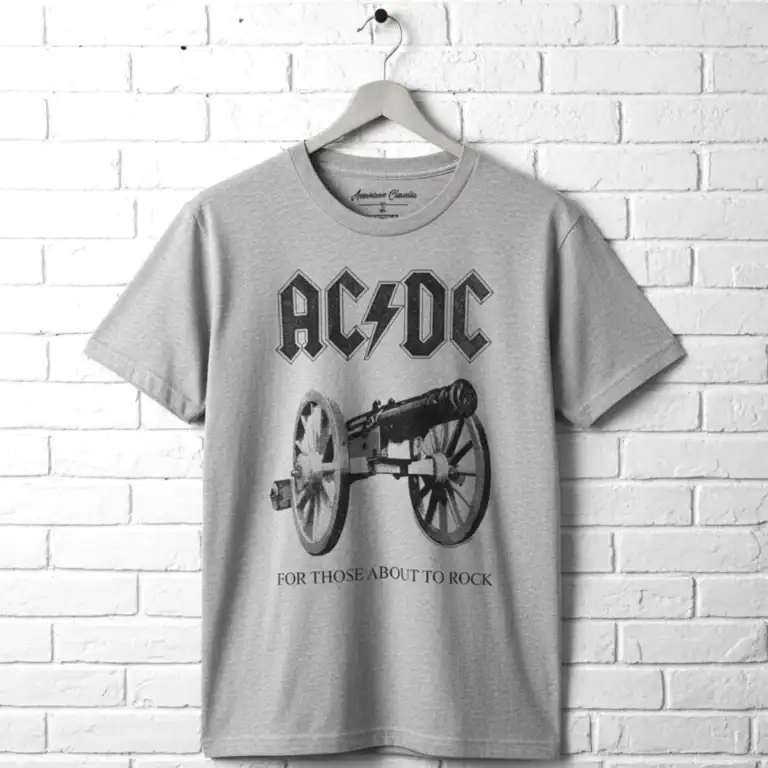 Gray AC/DC "For Those About to Rock" band T-shirt with cannon graphic for men.