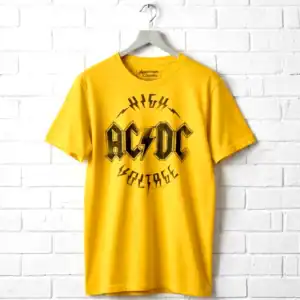 High Voltage ACDC logo T-shirt in vibrant yellow for men, perfect for rock music fans and concert we.