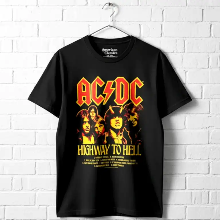 AC/DC Highway to Hell band T shirt for men, rock music merchandise, guitar band tee.