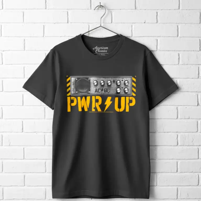 Amplifier graphic T-shirt with "PWR UP" text for men, perfect for music and concert fans.