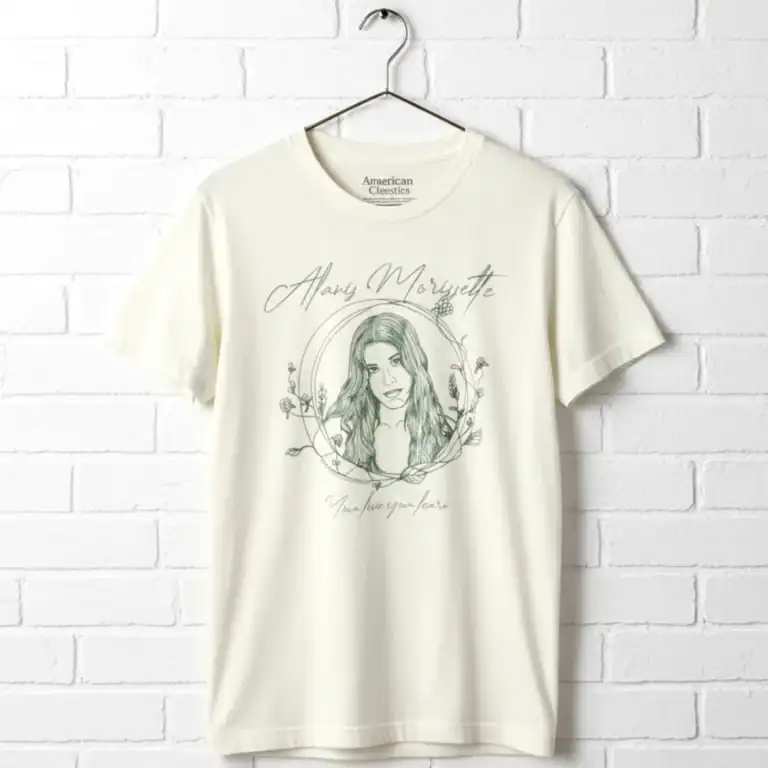 Alanis Morissette "You Learn" line art graphic men's T-shirt, casual and stylish. Perfect for music.