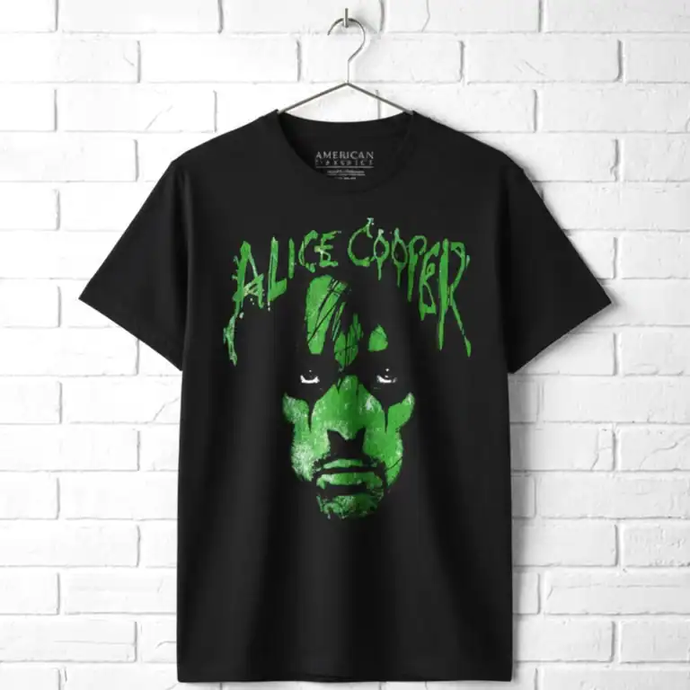 Alien Face Alice Cooper T Shirt for Men, featuring a spooky green graphic design.