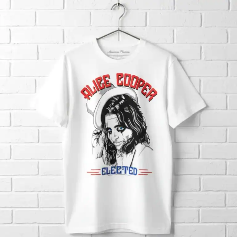 Elected Alice Cooper graphic T-shirt for men, featuring bold text and a stylized portrait, perfect f.