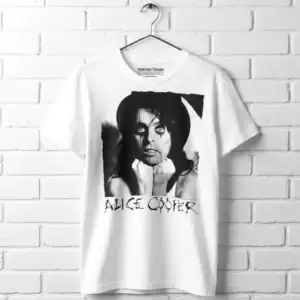 White T-shirt featuring Alice Cooper gothic makeup design for men.