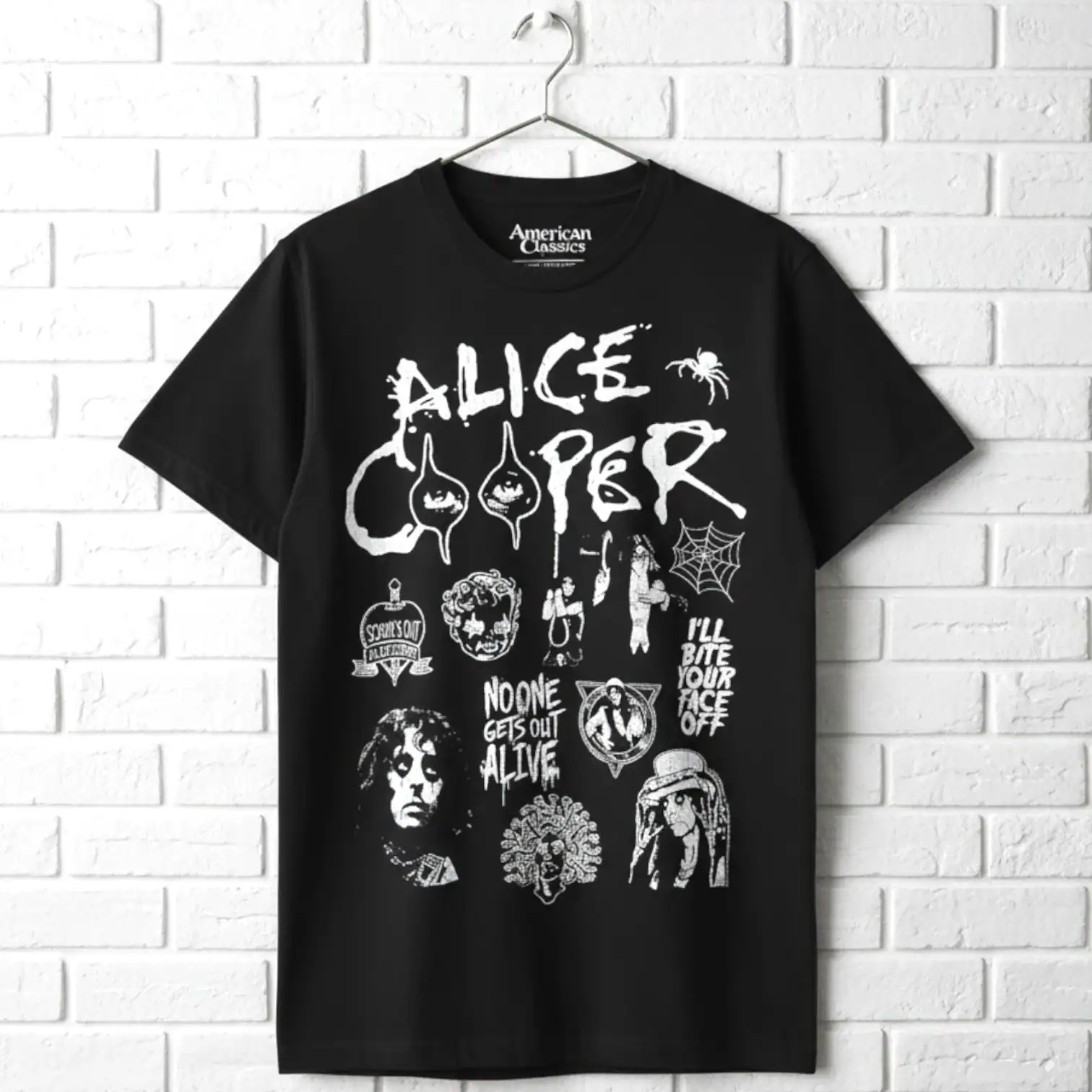 Alice Cooper rock collage T-shirt with horror-themed graphics and band references.
