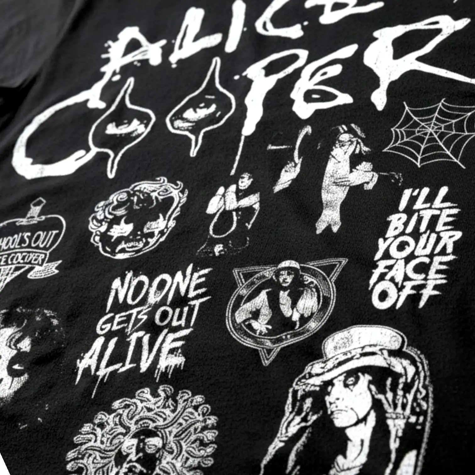 Alice Cooper themed T-shirt with horror and rock motifs, spooky graphics, and bold text.