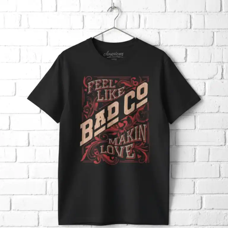 Black men's T-shirt with "Feel Like Makin Love" and "Bad Co" graphic design.
