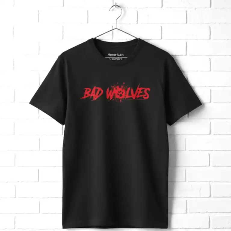 Men's black T-shirt with red "Bad Wolves" bloody logo design.