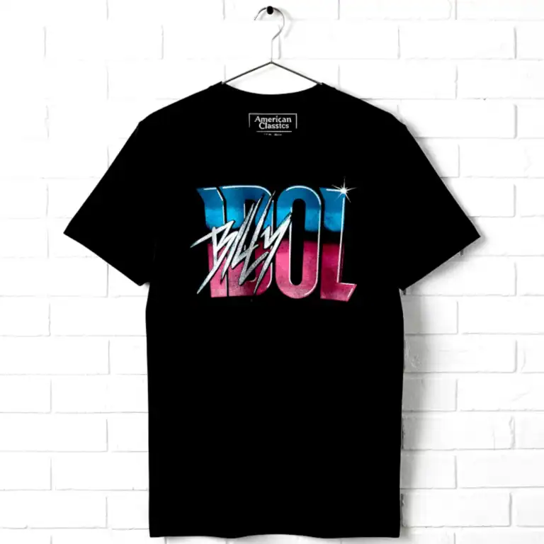 Vintage Billy Idol 80's chrome logo graphic T-shirt for men. Perfect for rock music fans and retro s.