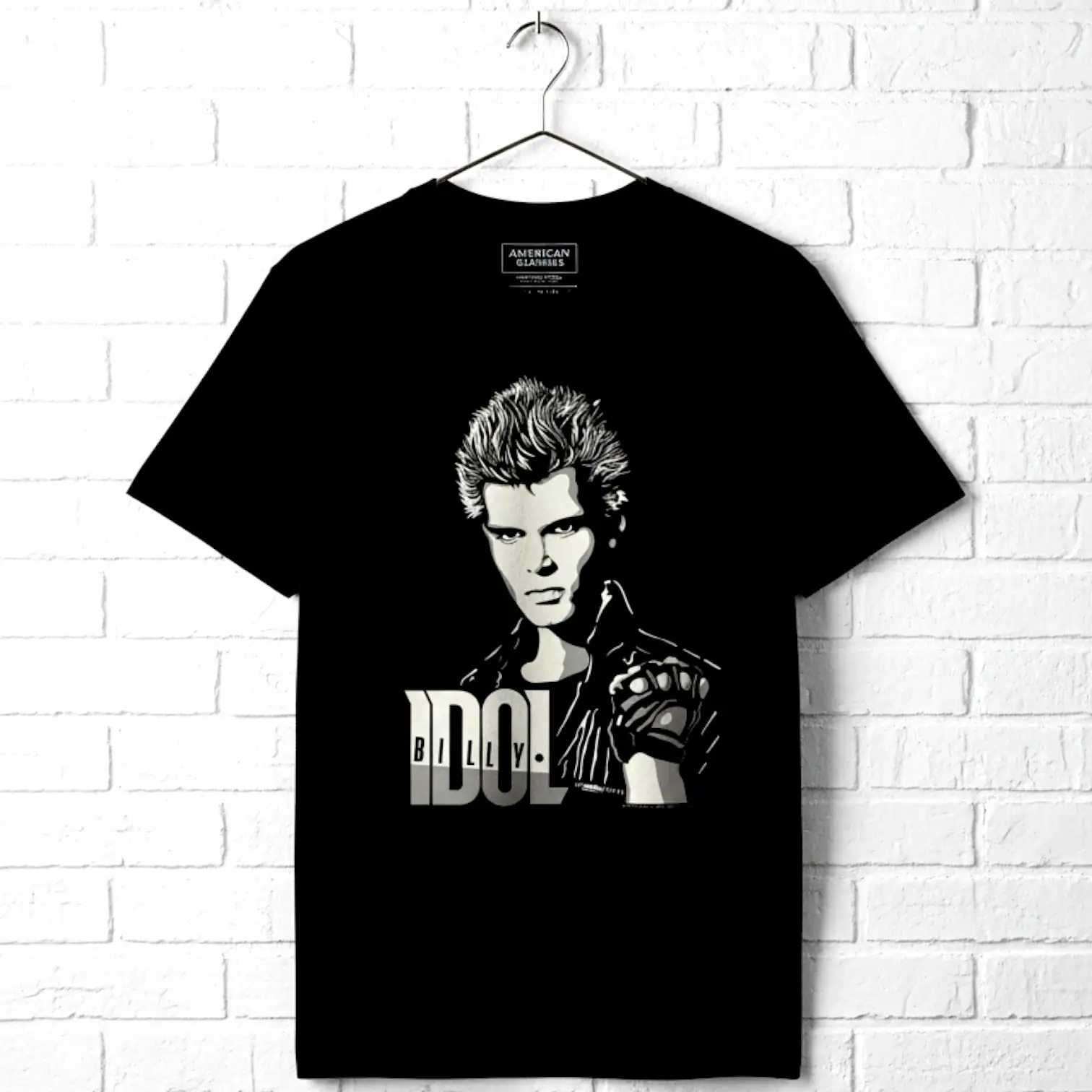 Billy Idol portrait graphic T-shirt for men, featuring iconic rock star imagery.