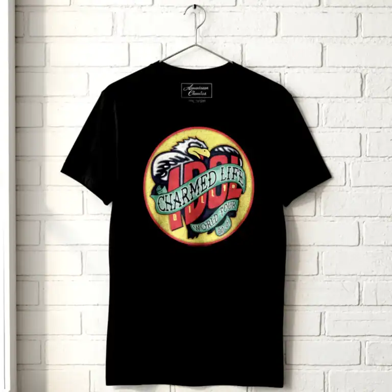 Billy Idol Charmed Life World Tour 1990-91 men's T-shirt with bold graphic design.