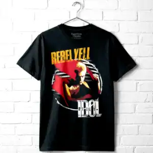 Rebel Yell Billy Idol T-shirt with iconic graphic design and bold text. Perfect for music fans and v.