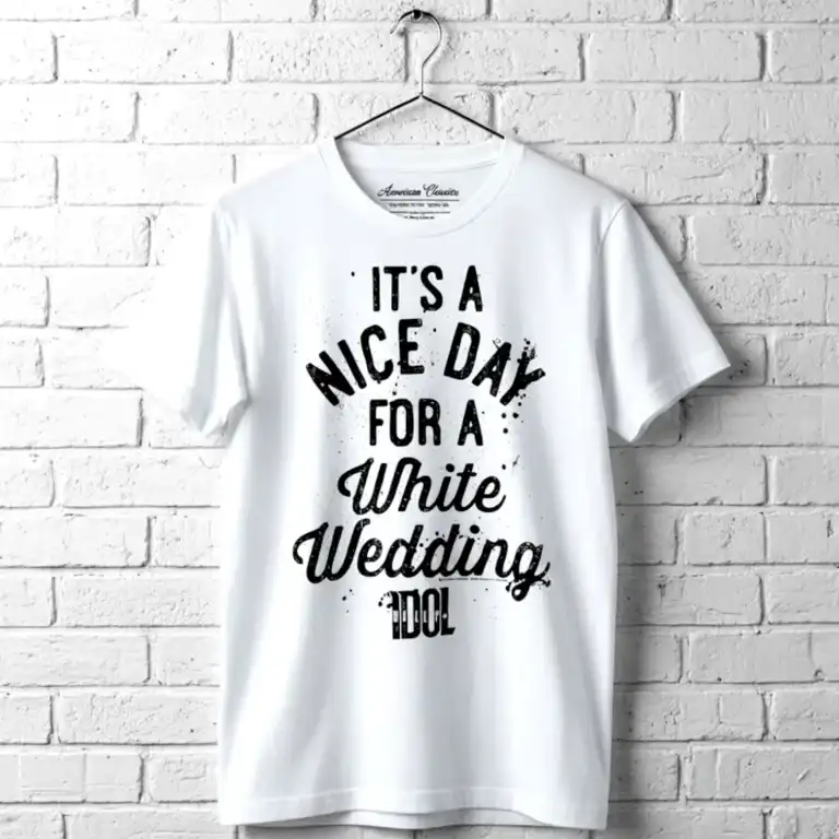 White wedding themed men's T shirt with bold black text design.