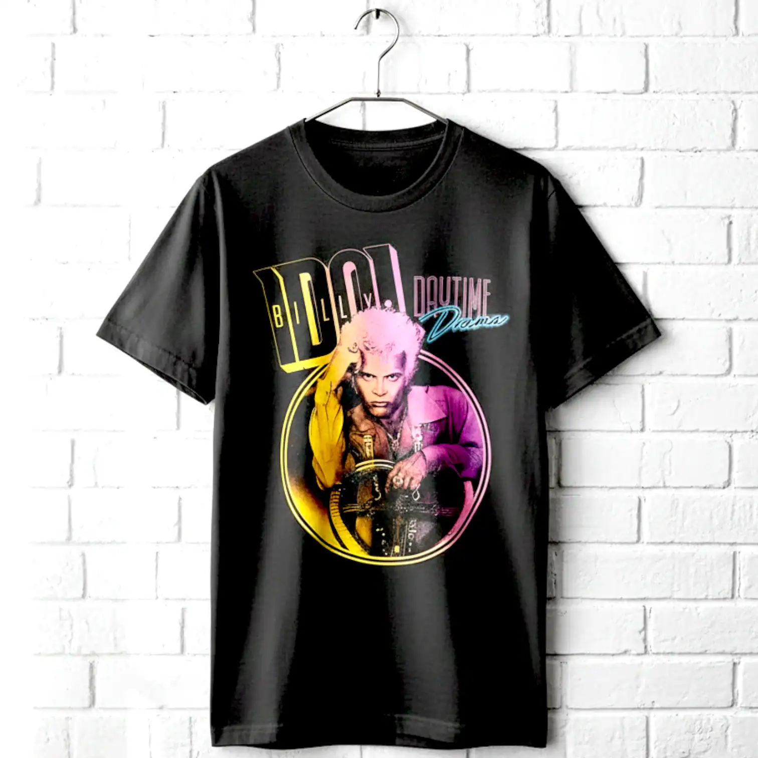 Black Billy Idol daytime drama graphic T-shirt with colorful print.