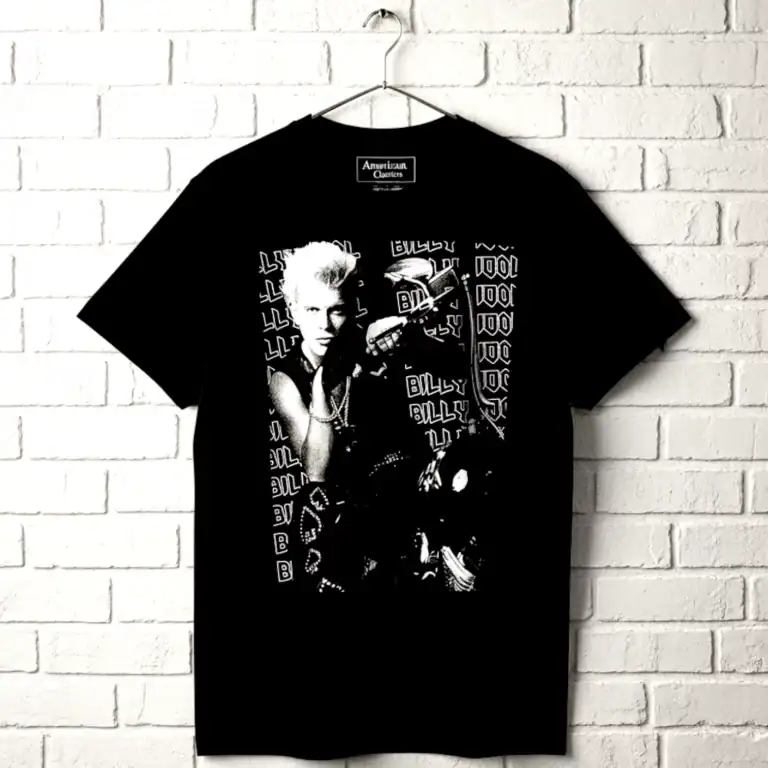 Billy Idol motorcycle graphic T shirt for men, featuring bold print and edgy style. Perfect for rock.