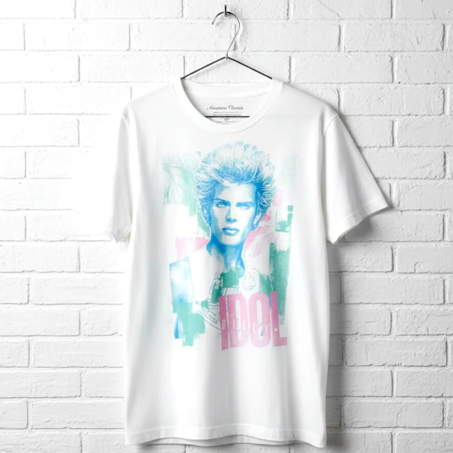 Pastel Billy Idol graphic men's T-shirt for rock music fans.