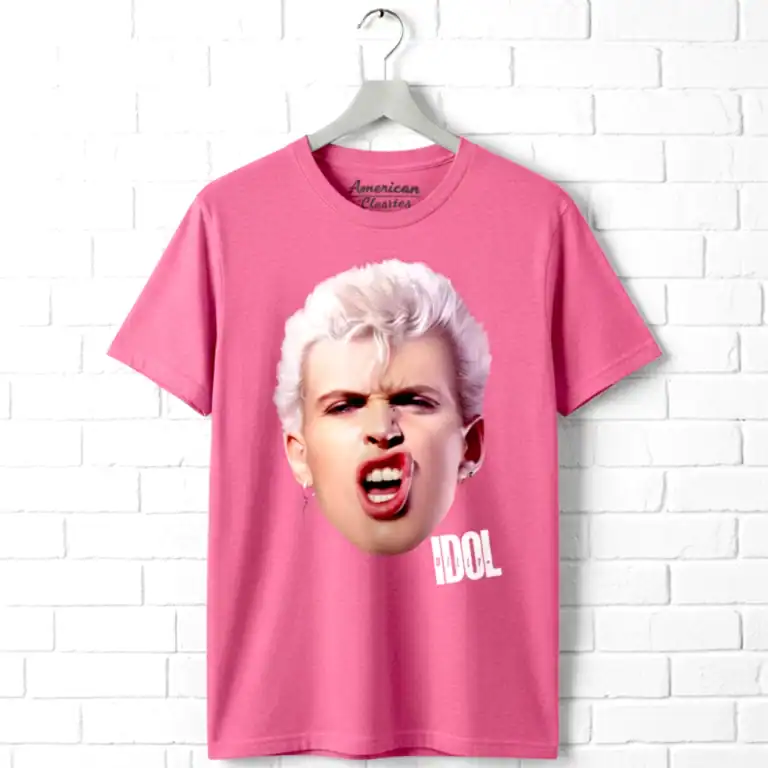 Pink Billy Idol T shirt with iconic facial expression and "IDOL" text.