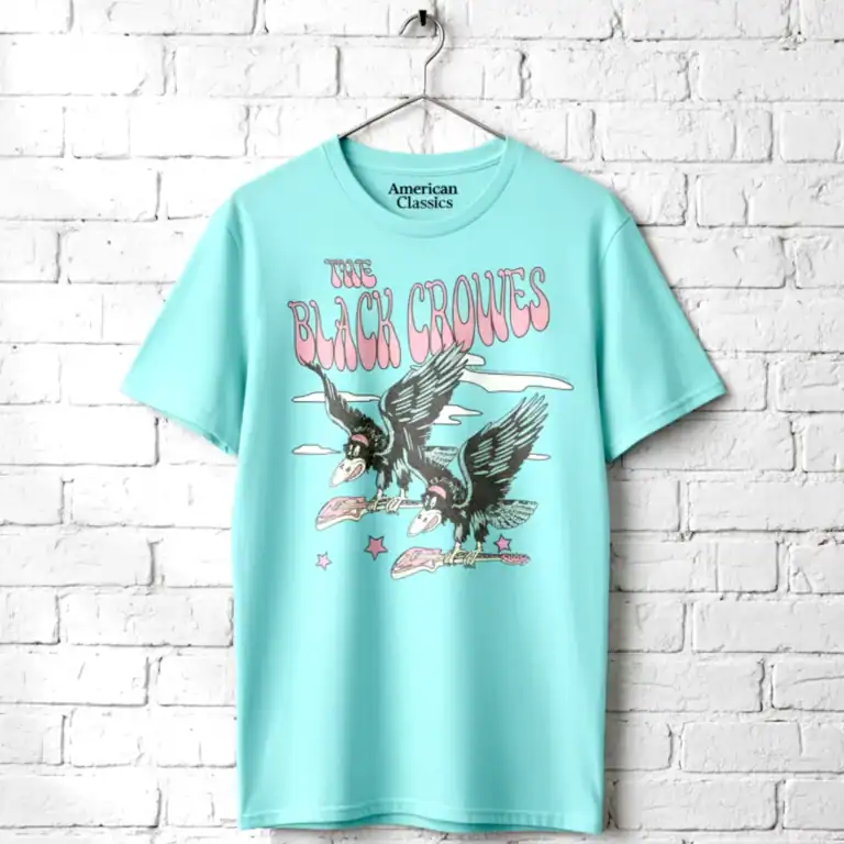 Black Crowes flying graphic T-shirt for men, featuring bold band artwork and vibrant colors.