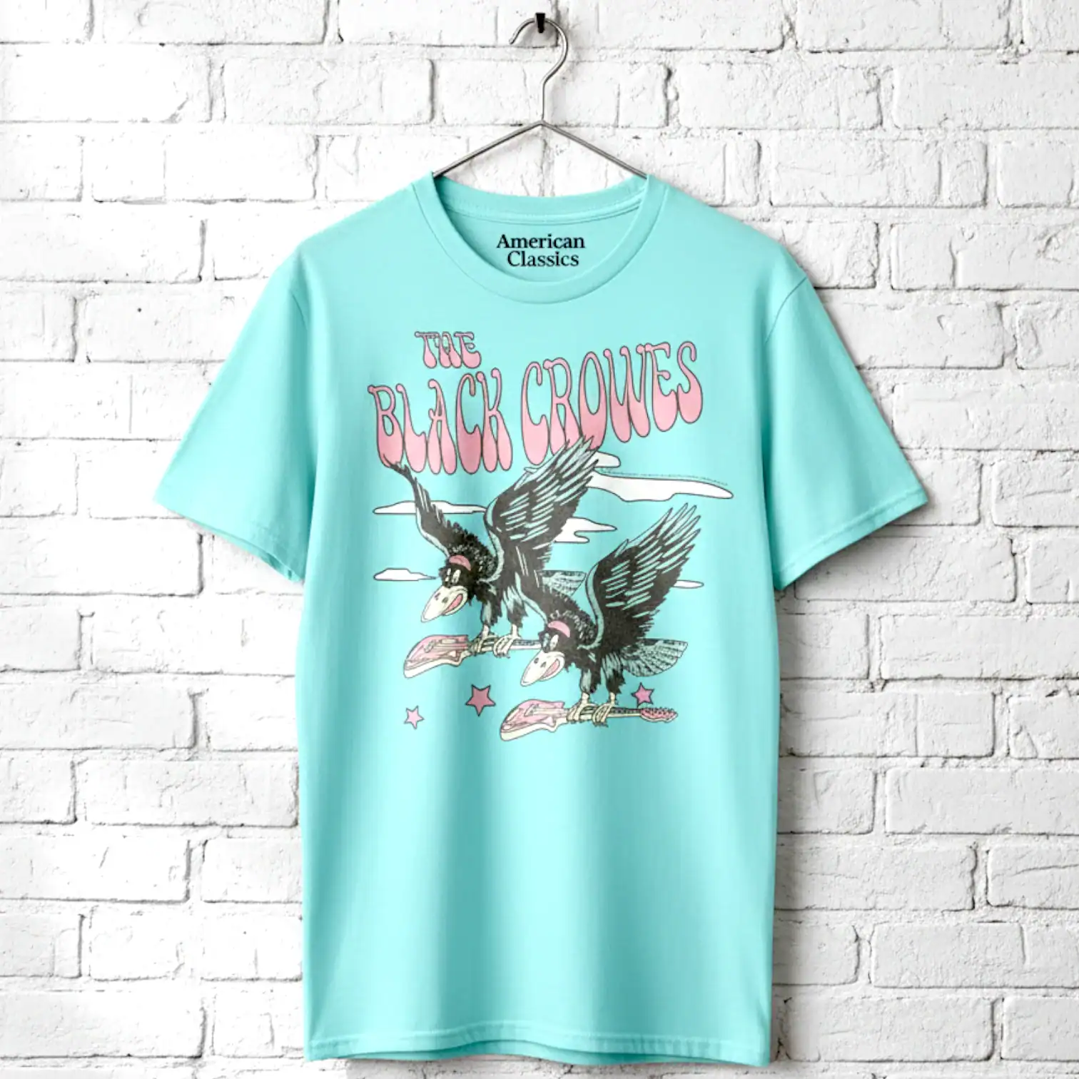 Black Crowes flying graphic T-shirt for men, featuring bold band artwork and vibrant colors.