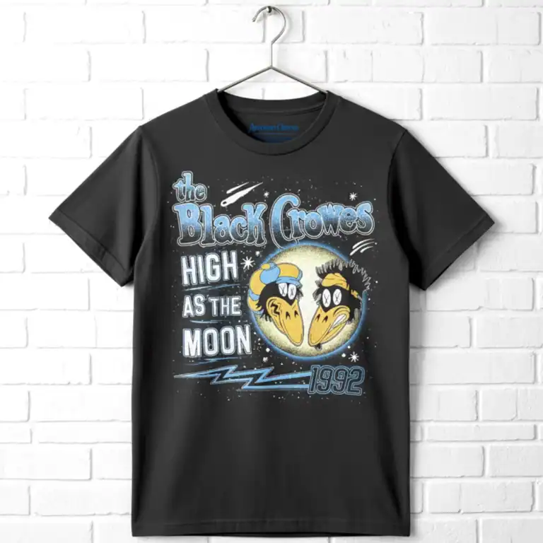 Black Crowes high as the moon 1992 men's T shirt with band logo and celestial design.