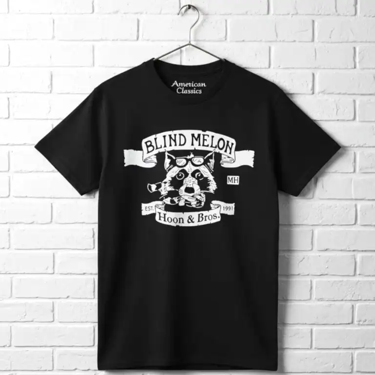 Black men's T-shirt featuring Blind Melon Hoon & Bros raccoon graphic design.