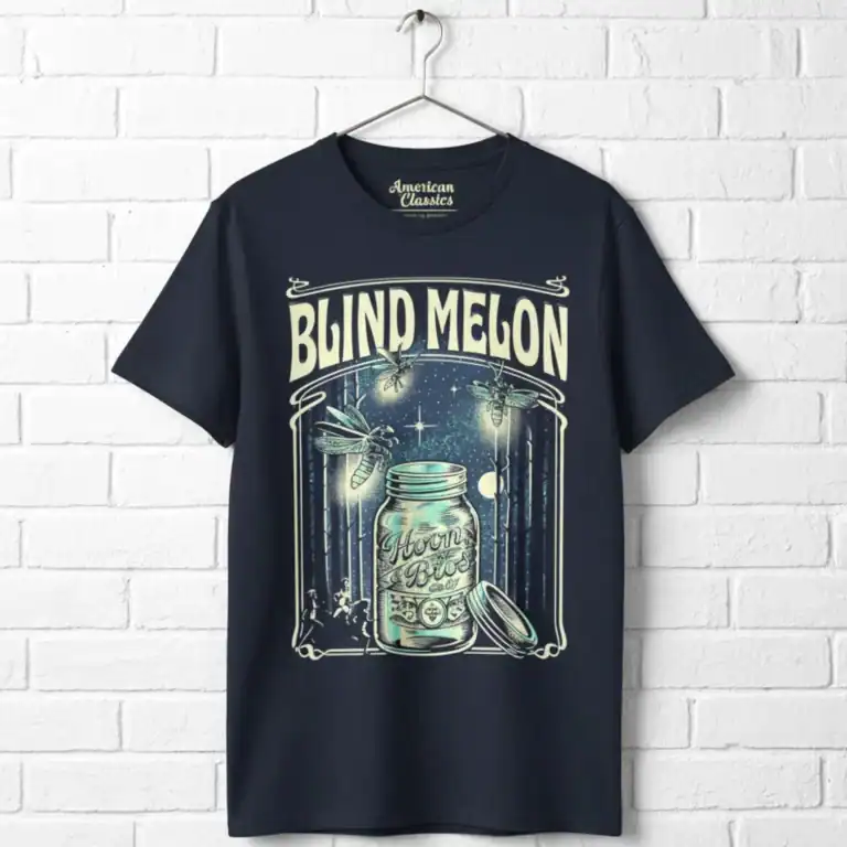 Men's T-shirt featuring Blind Melon fireflies and jar design, perfect for music and nature lovers.