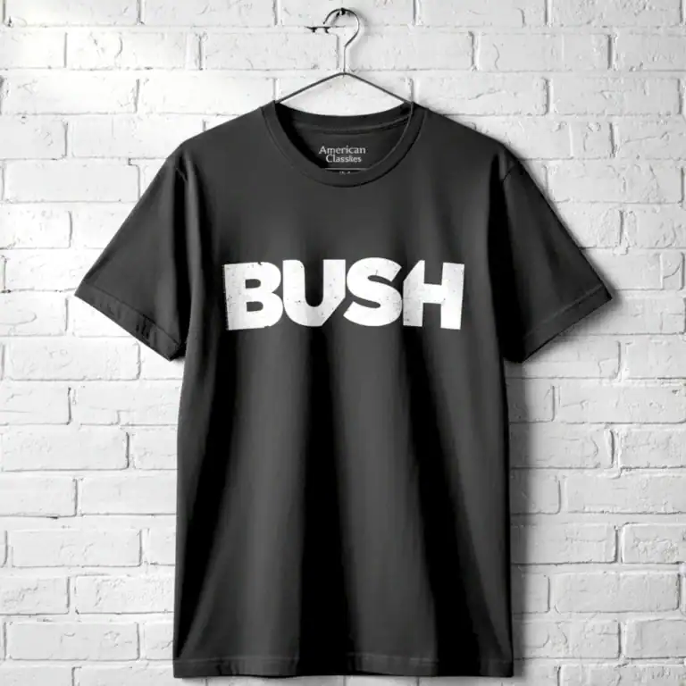 Bush grunge band logo T-shirt for men, featuring bold distressed text design. Perfect for music fans.