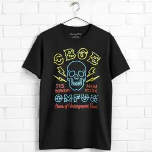 Neon skull CBGB OMFUG T-shirt for men, featuring underground rock design, perfect for big and tall s.