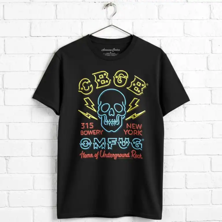 Neon skull CBGB OMFUG T-shirt for men, featuring underground rock design, perfect for big and tall s.