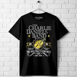Black Charlie Daniels Band T-shirt with guitar and text design for music fans.