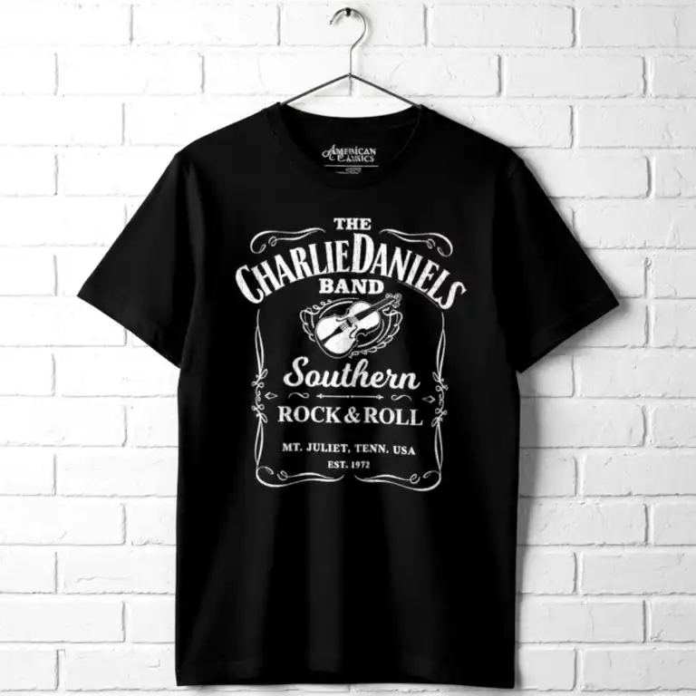 Charlie Daniels Band Sour Mash Whiskey men's T-shirt, black with band logo and whiskey theme.