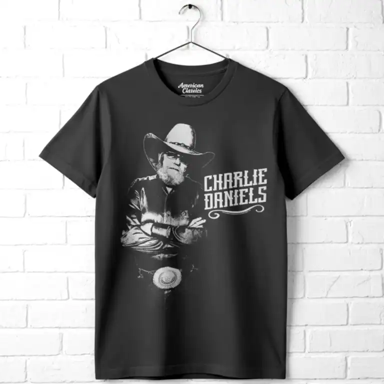 Charlie Daniels black graphic T-shirt with his portrait and signature style.